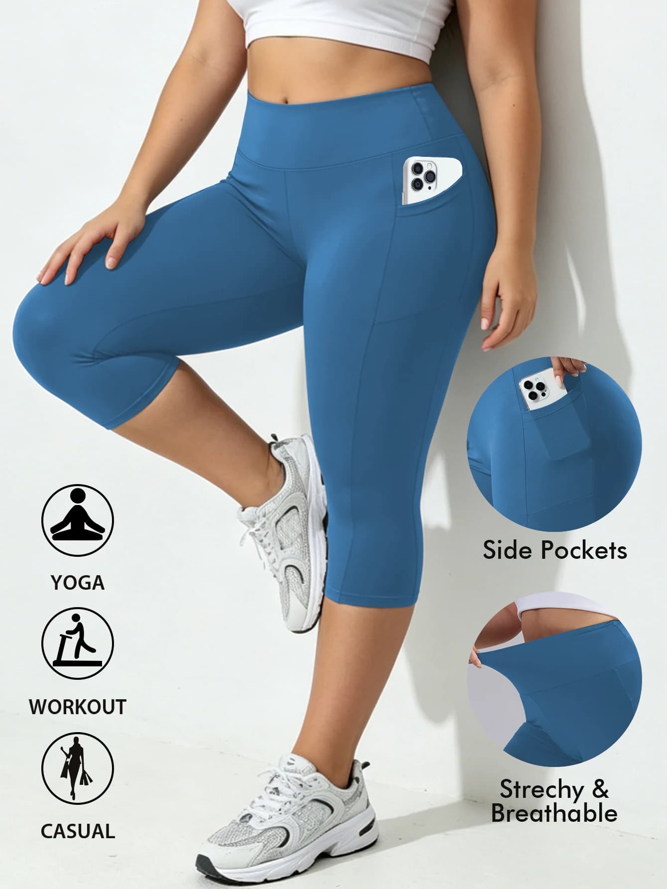 Plus Size Capri Leggings with Pockets and Tummy Control