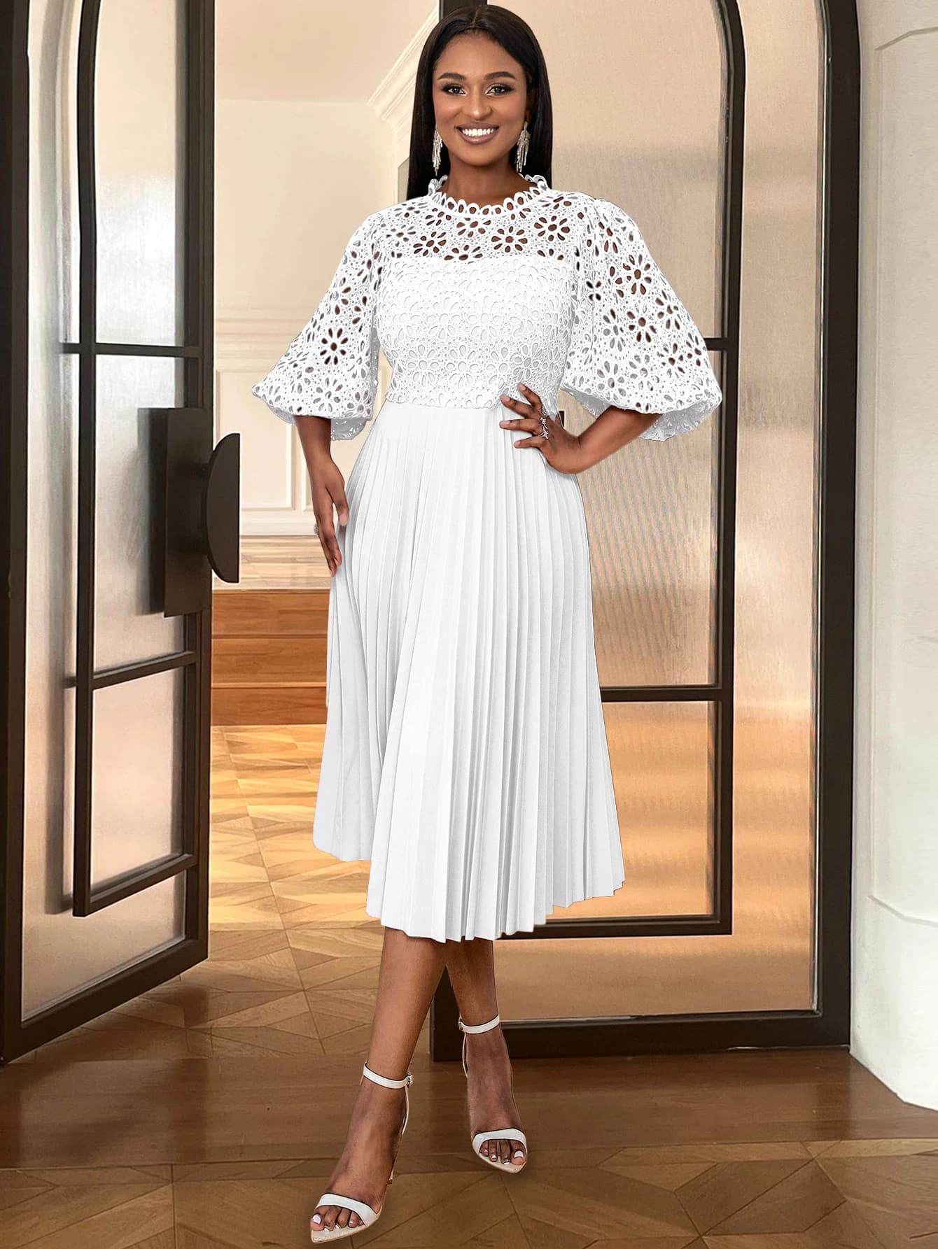 White Lace Puff Sleeve Pleated A-Line Dress