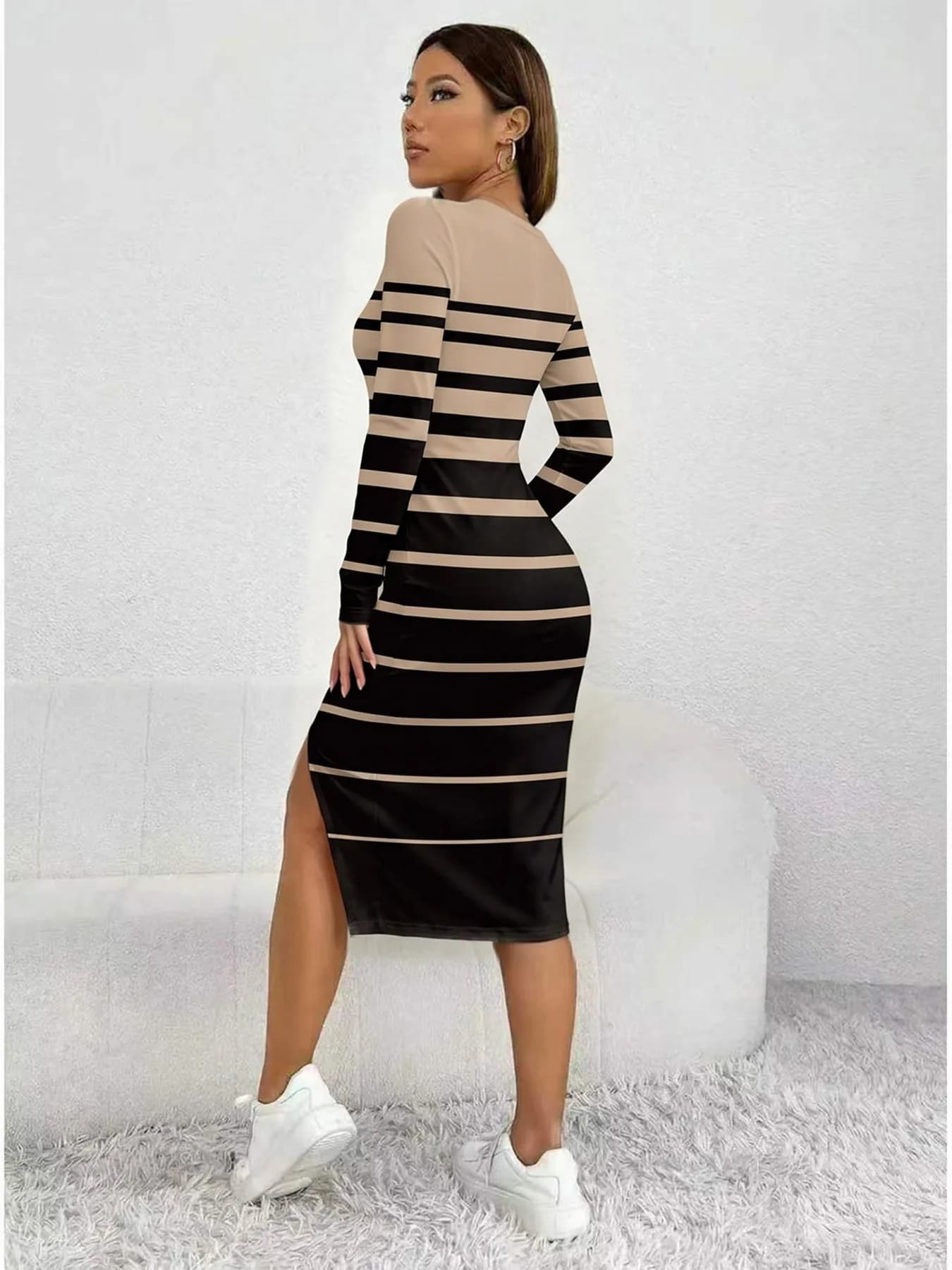 Women's Striped Maxi Dress with Square Neck