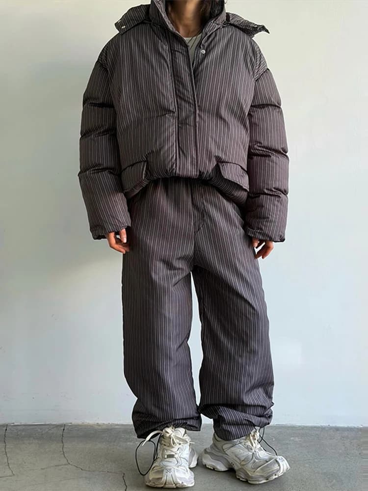 Women's Striped Hooded Padded Jacket and Lantern Pants Set