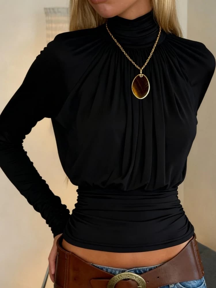 Women's Black Turtleneck Long Sleeve Top