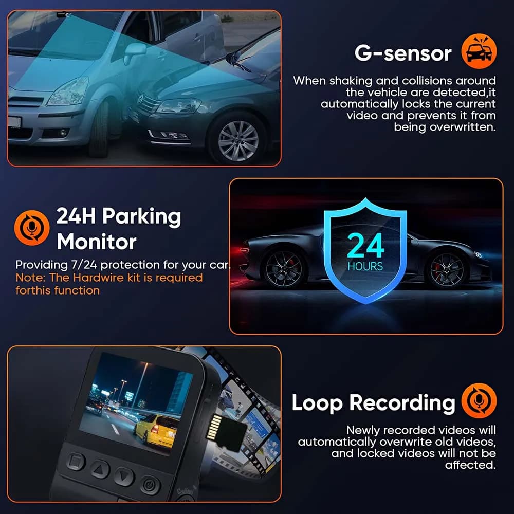 Dash Cam for Cars Dashcam Night Vision With Rear 1080P Car Video Recorder Supports WiFi APP Monitoring 24 Hours Parking Monitor