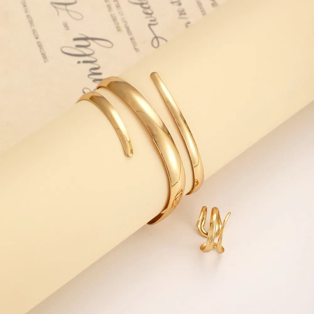 Gold Geometric Line Bracelet and Ring Set