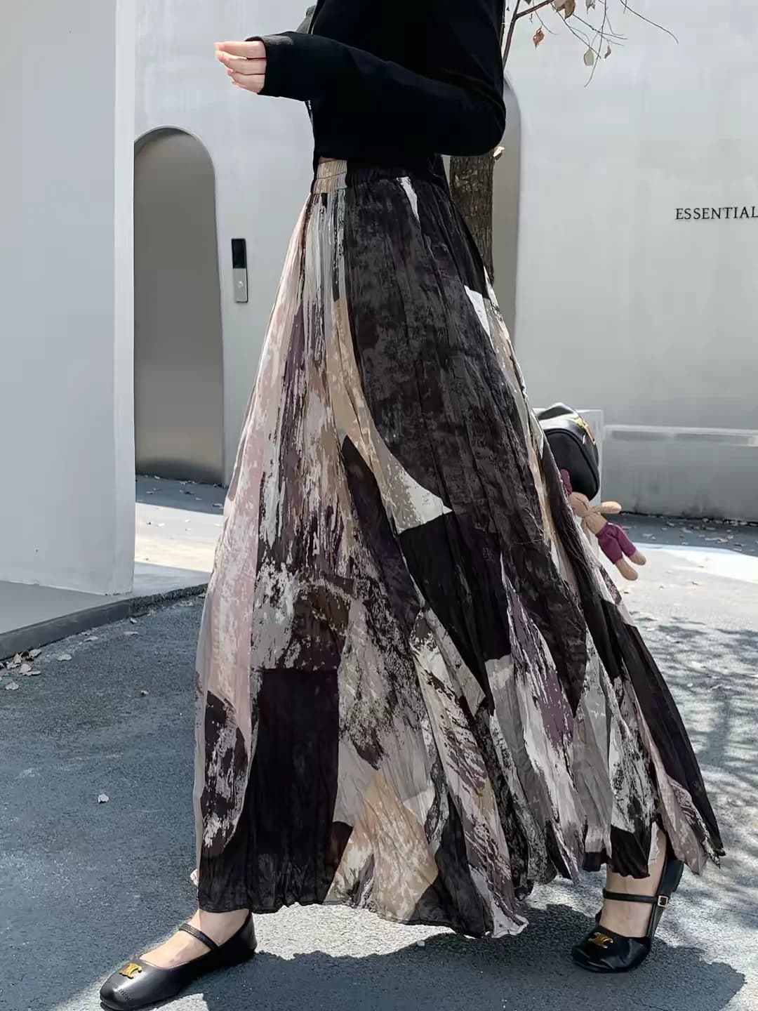 Fall Printed Pleated Maxi Skirt