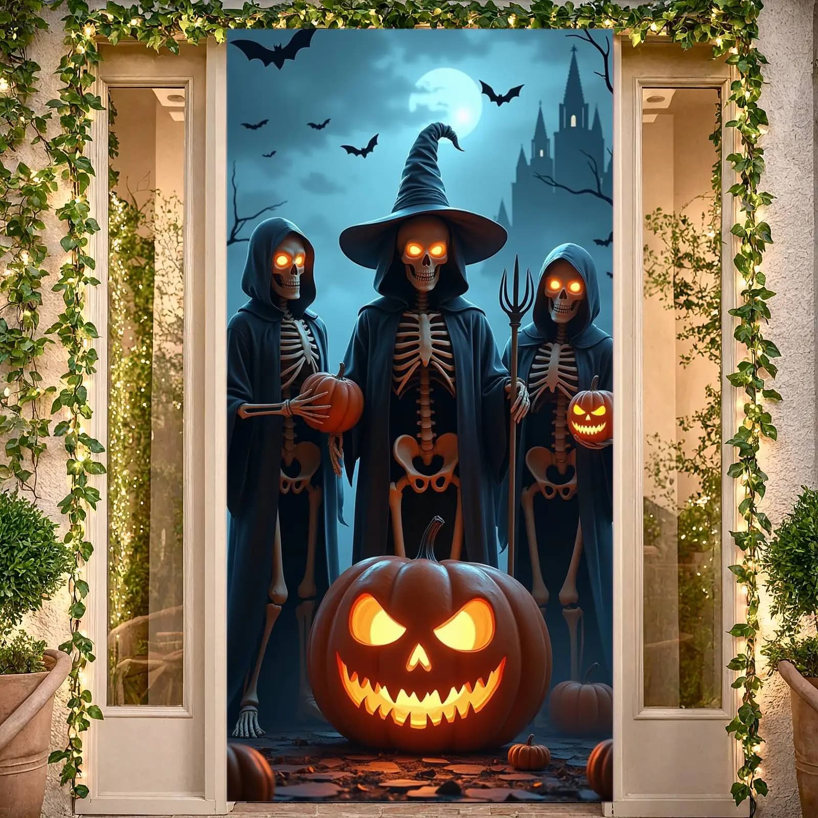 Halloween Skeleton Jack O Lantern Door Cover