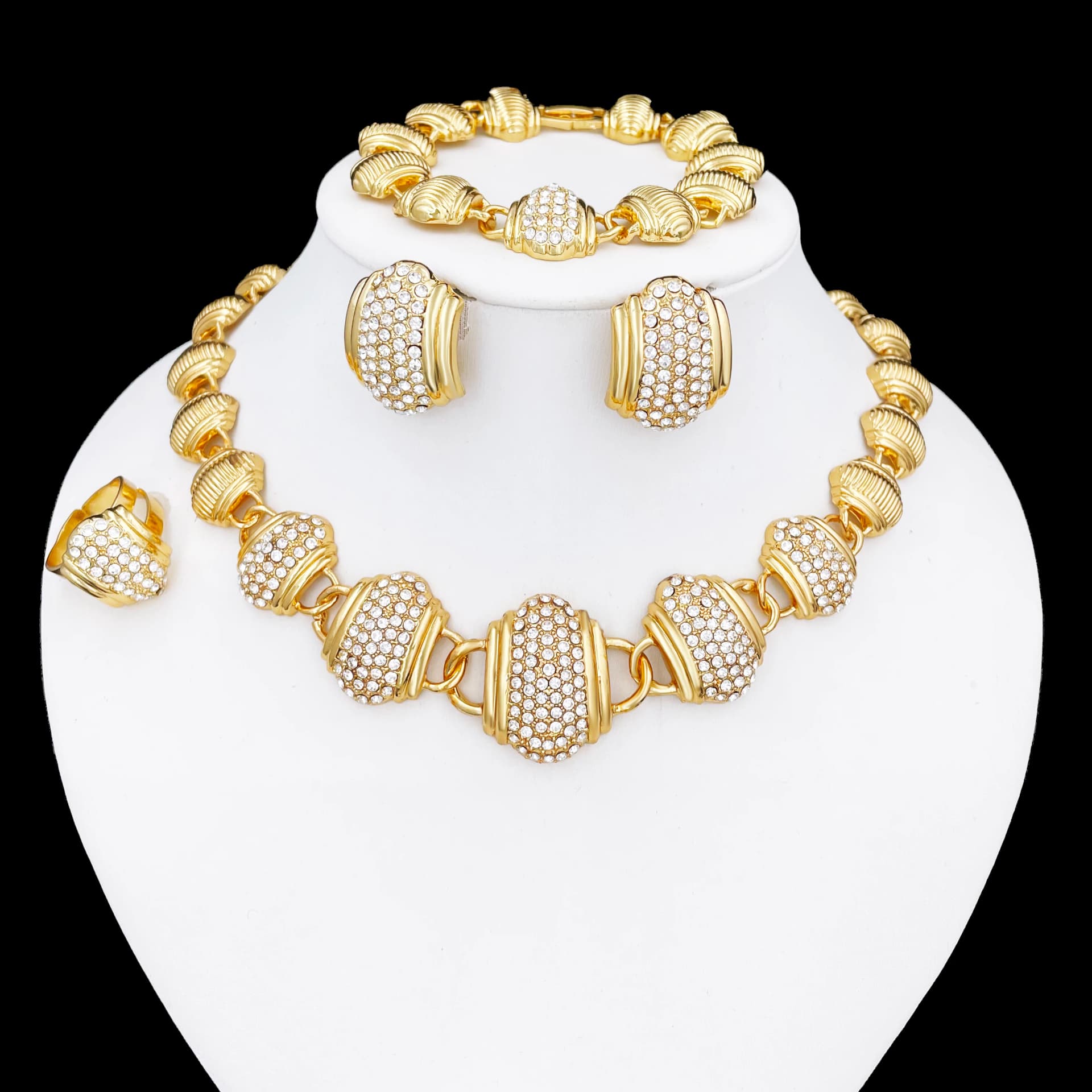 Arabic Jewelry Set For Women High Quality 18K Gold Plated Jewelry Round Necklace Earrings Bracelet And Ring Wedding Party Gift