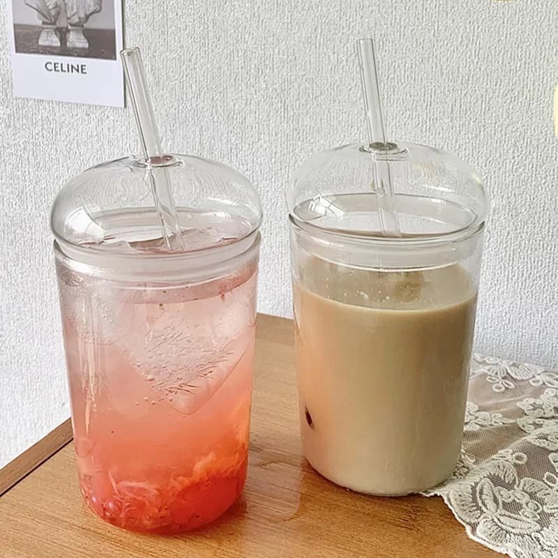 Can-Shaped Glass Drinking Cup with Dome Lid