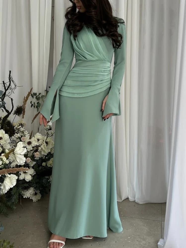 Draped Waist Maxi Dress with Flare Sleeves
