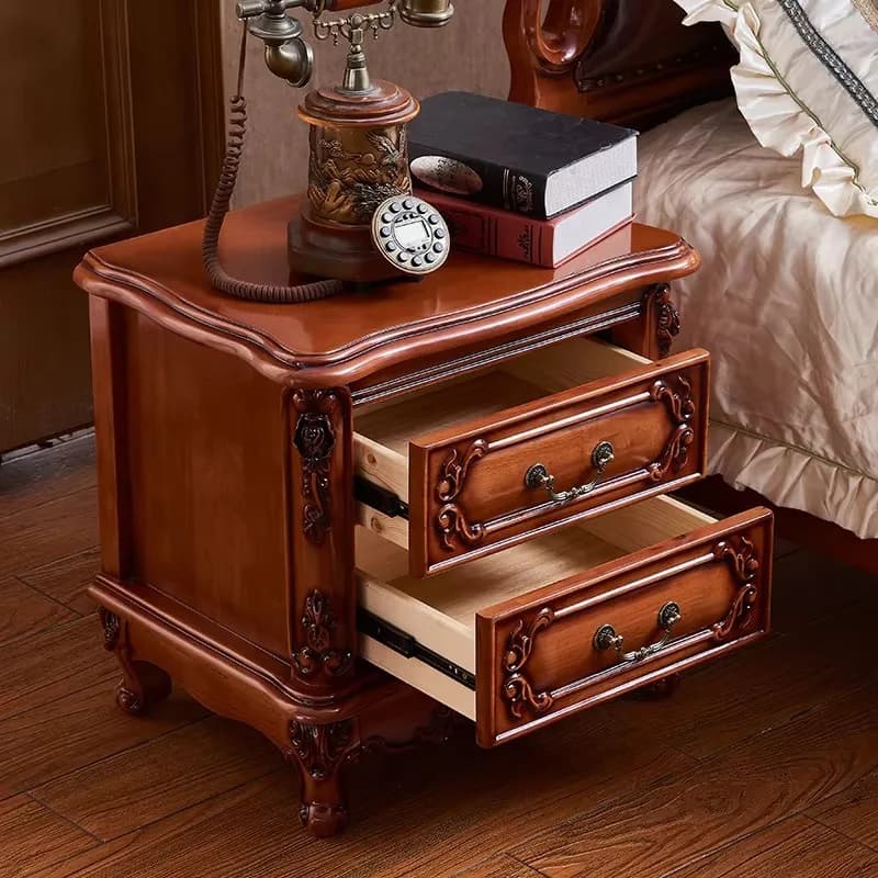 Bedside Table Nightstand Solid Wood Carving Storage Drawer French Vintage Antique European American Bedroom Home Hotel