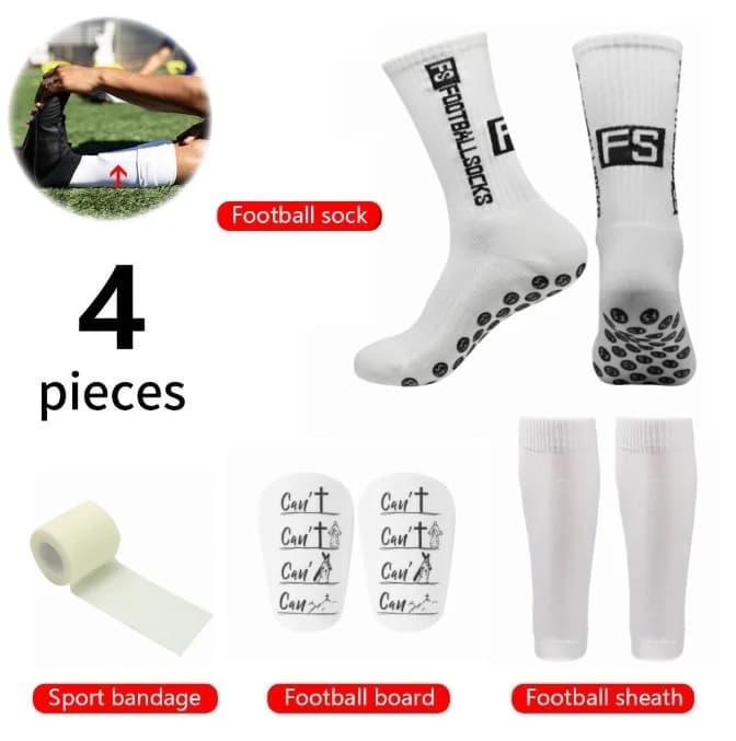 4 Pieces Soccer Football Gear Set Anti-Slip Socks Shin Guards Sports Bandage & Calf Sleeves for Men Women Training
