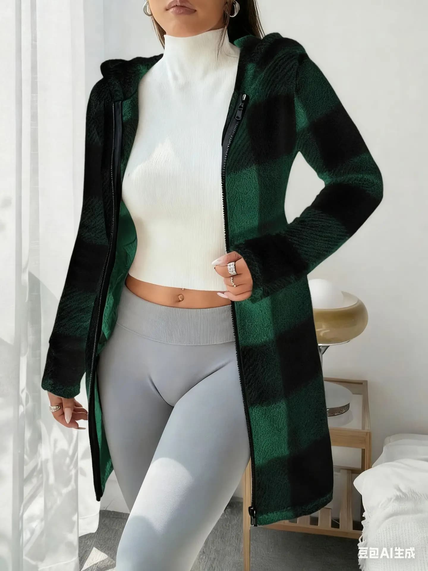 Women's Plaid Hooded Zip Cardigan Coat