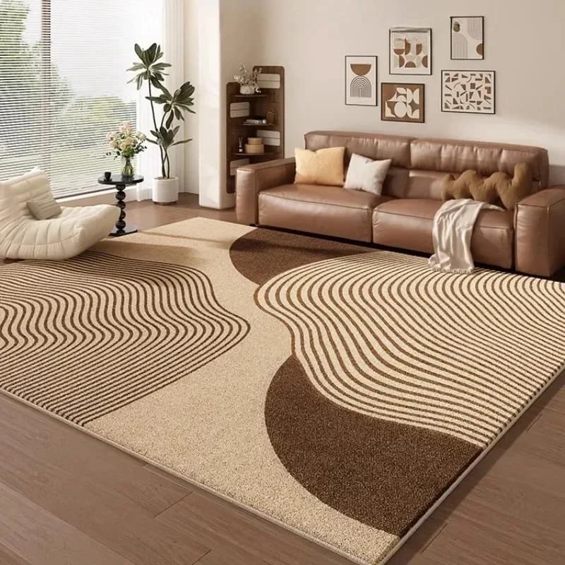 Large Beige Brown Abstract Wavy Line Floor Rug