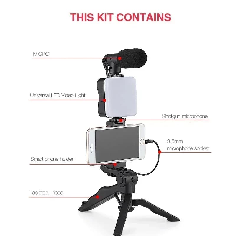 Smartphone Vlogging Kit With Tripod Phone Holder Mini Microphone LED Fill Light Starter For TikTok Live Stream Video YouTube