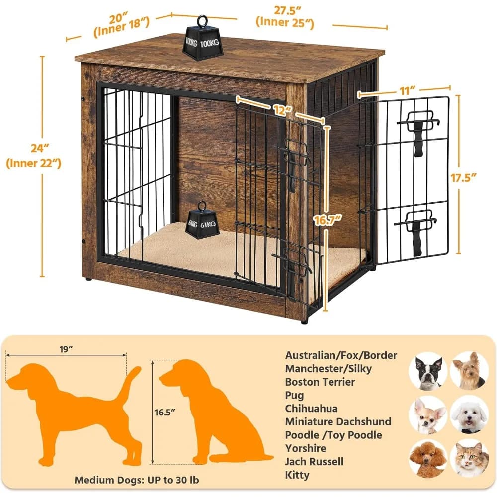 Wooden Dog Crate End Table with Double Door
