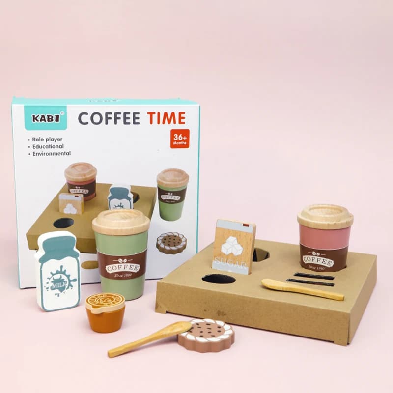 Kids Wooden Coffee Toy Set Toddler Pretend Play Kitchen Accessories Gift for Children House Play Early Educational Toys for Kids