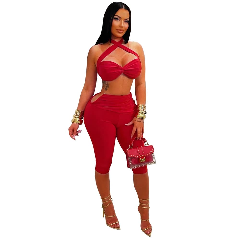 Cross Neck Crop Top and Capri Legging Set