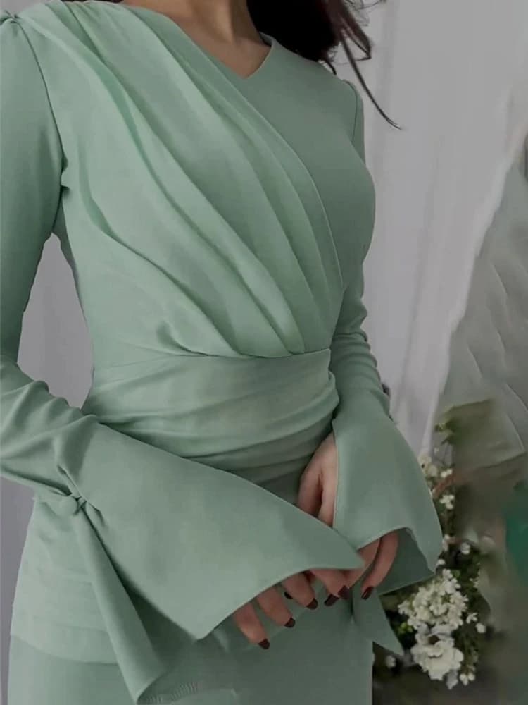 Draped Waist Maxi Dress with Flare Sleeves