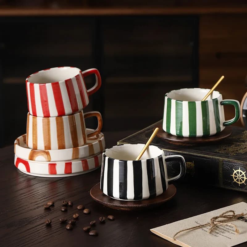 Hand-Painted Striped Ceramic Mug Set