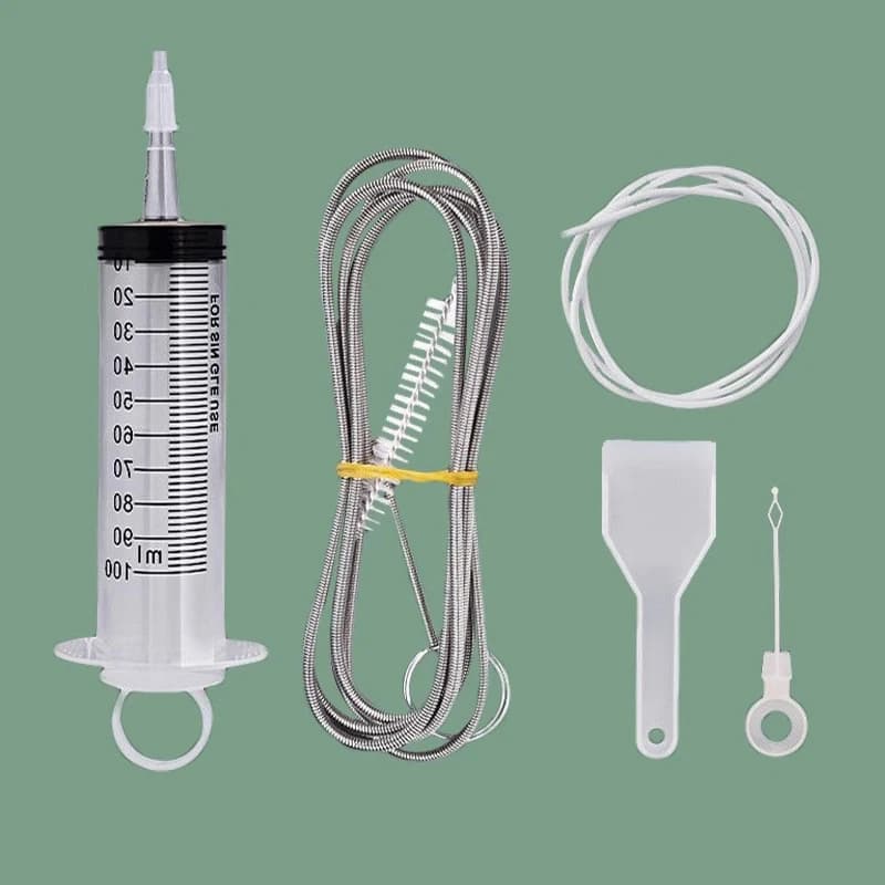 All-inclusive Cleaning Tools Set with Anti-Clog Feature- Brush, Hose, Syringe, Fridge Drain Hole Cleanser and more