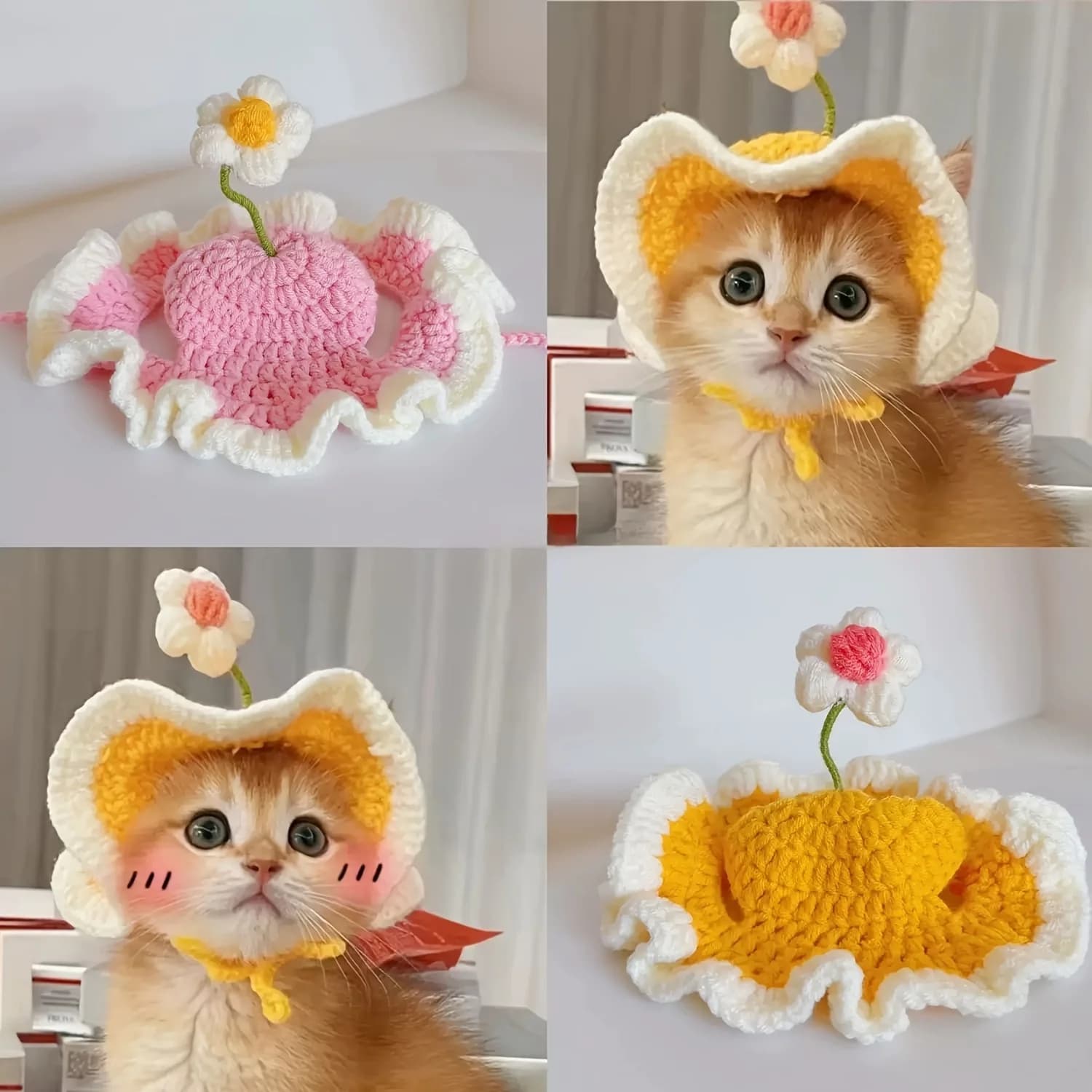 Cute Flower Crochet Cat Hat
