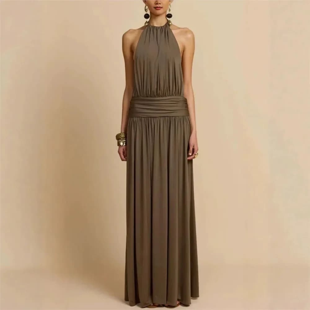 Elegant Halter Pleated Neck Evening Dress
