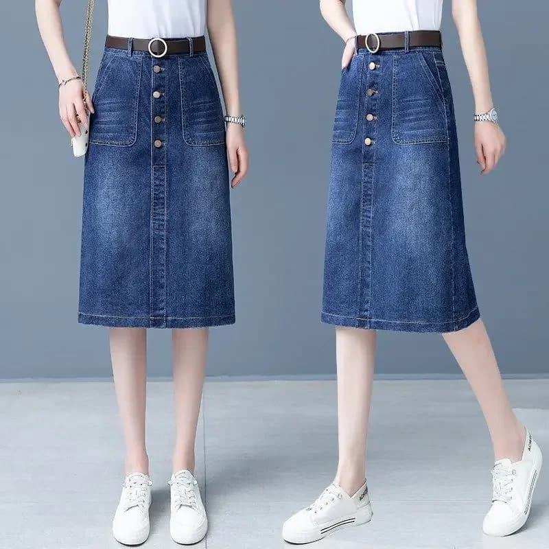High Waist Denim Midi Skirt with Slit