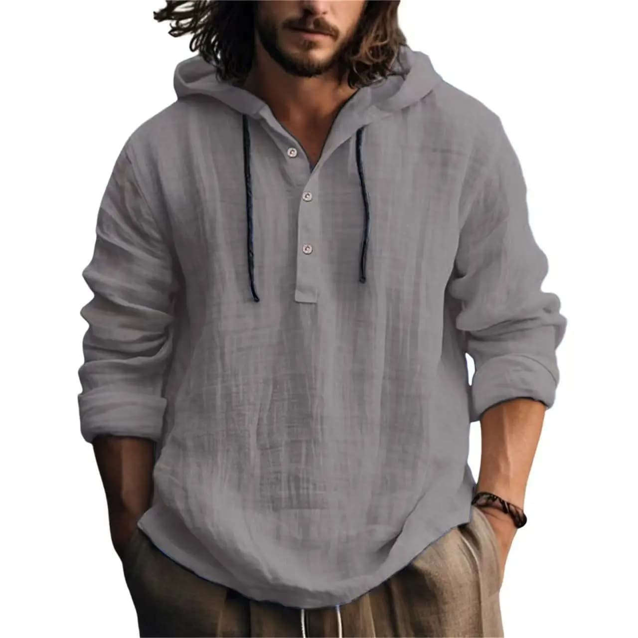 Men's Casual Linen Blend Hoodie Shirt