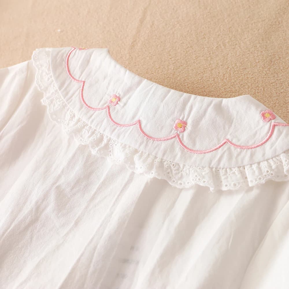 Girls White Cotton Long-Sleeve Ruffled Collar Shirt