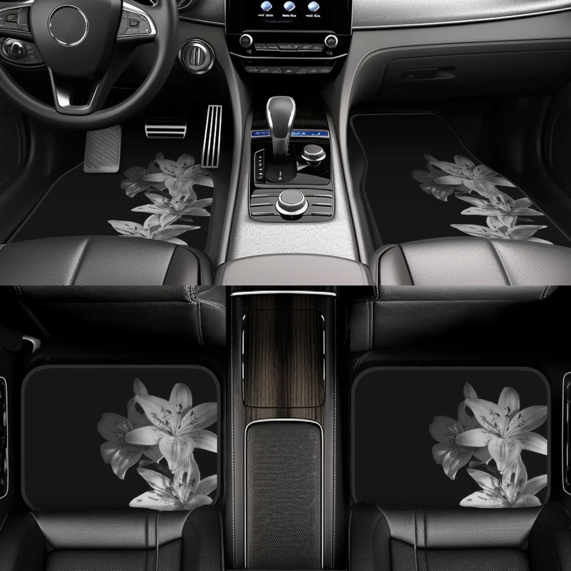 Gray Floral Car Floor Mats Set of 4