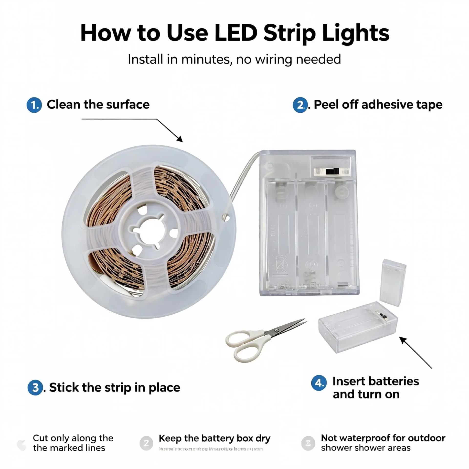 2835 LED light strip, battery powered, easy to install. Suitable for cabinets, entryways, staircases, and holiday decorations.