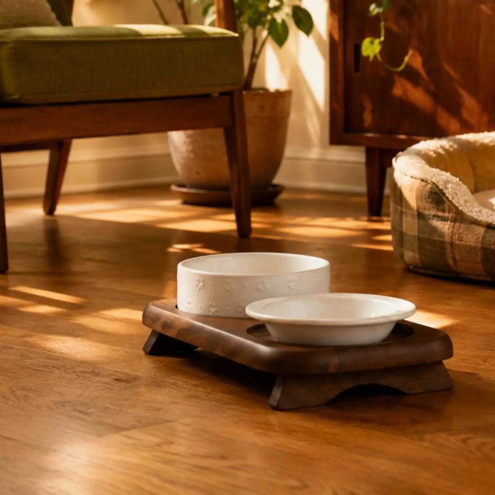 Double Ceramic Pet Bowl Stand with Wooden Base
