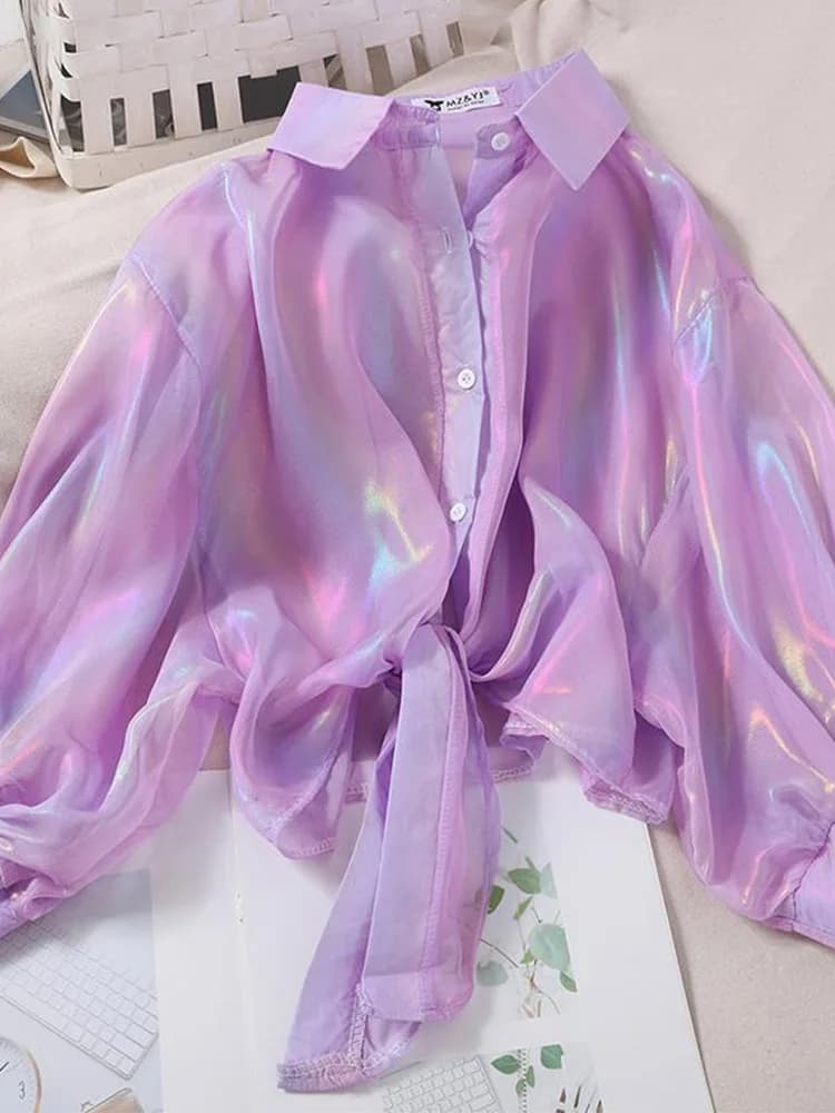 Women's Half-Sleeve Sparkle Blouse with Tied Waist