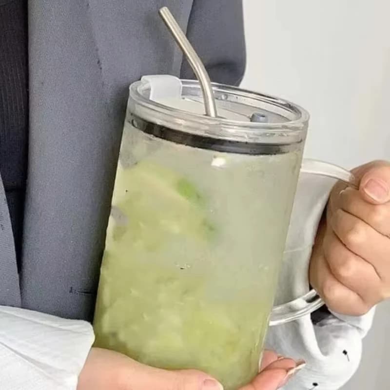 Large Glass Water Cup with Lid and Straw