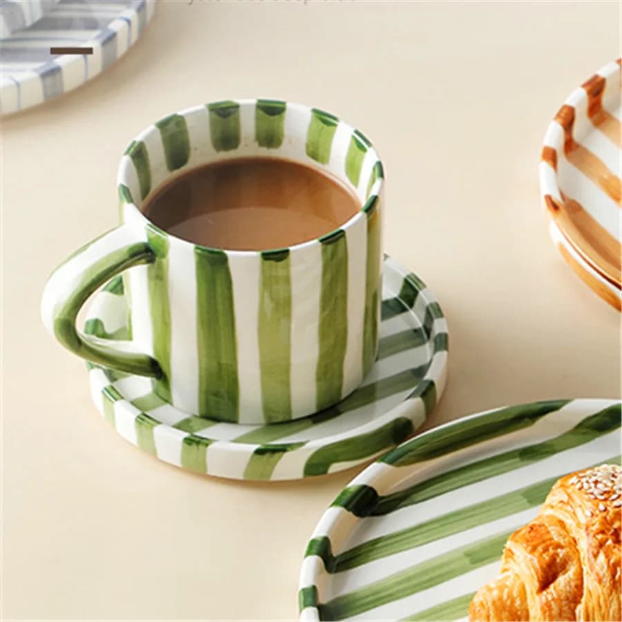 Ceramic Striped Coffee Cup with Plate