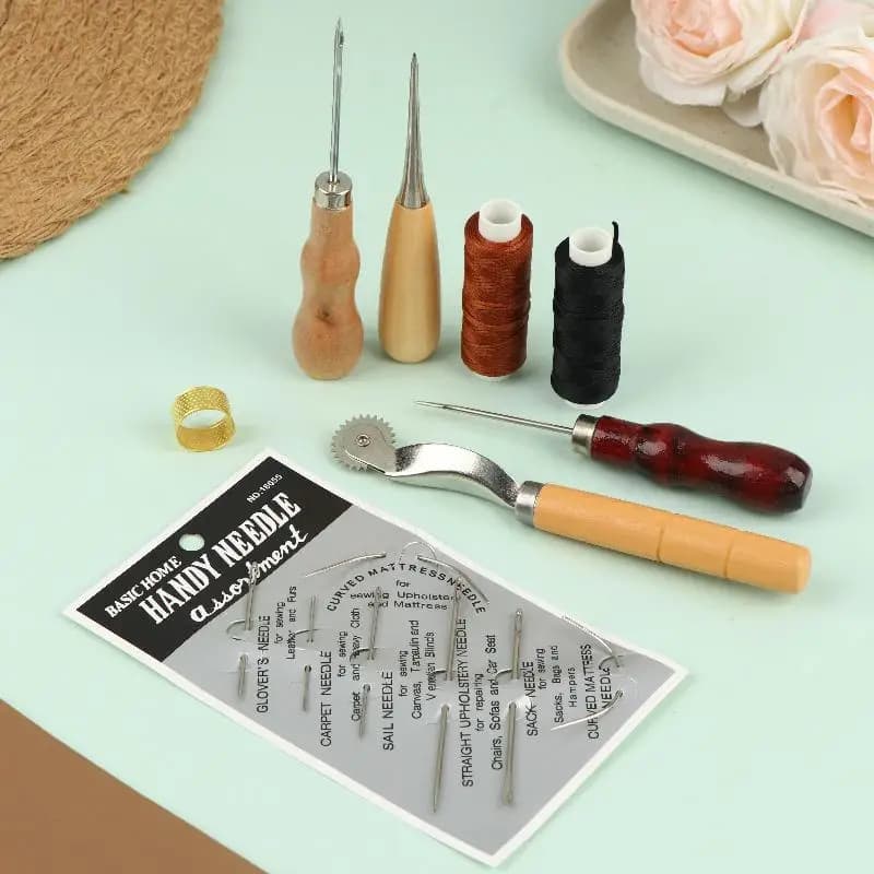 Leather Sewing Supplies Kit with Wooden Handle Awl