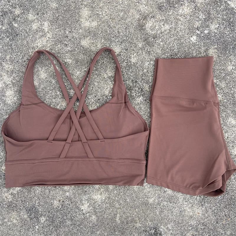 Yoga Shorts Set Gym Sports Set Women Workout Clothes 2 Piece Fitness Suit Cross Straps Bra High Waist Shorts Running Tracksuit