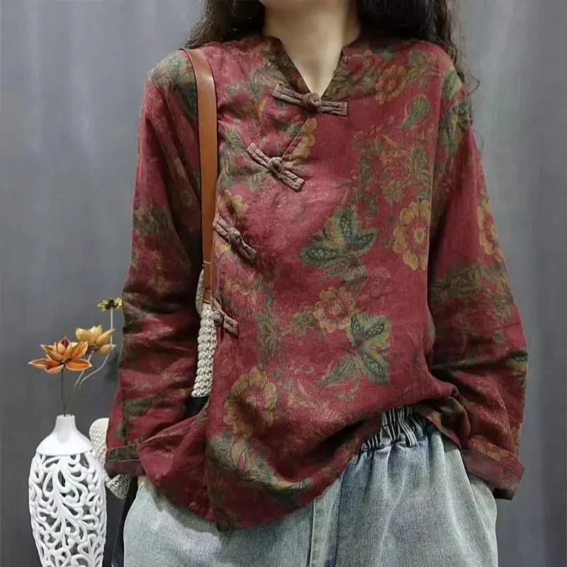 Ethnic Floral Slant Collar Blouse