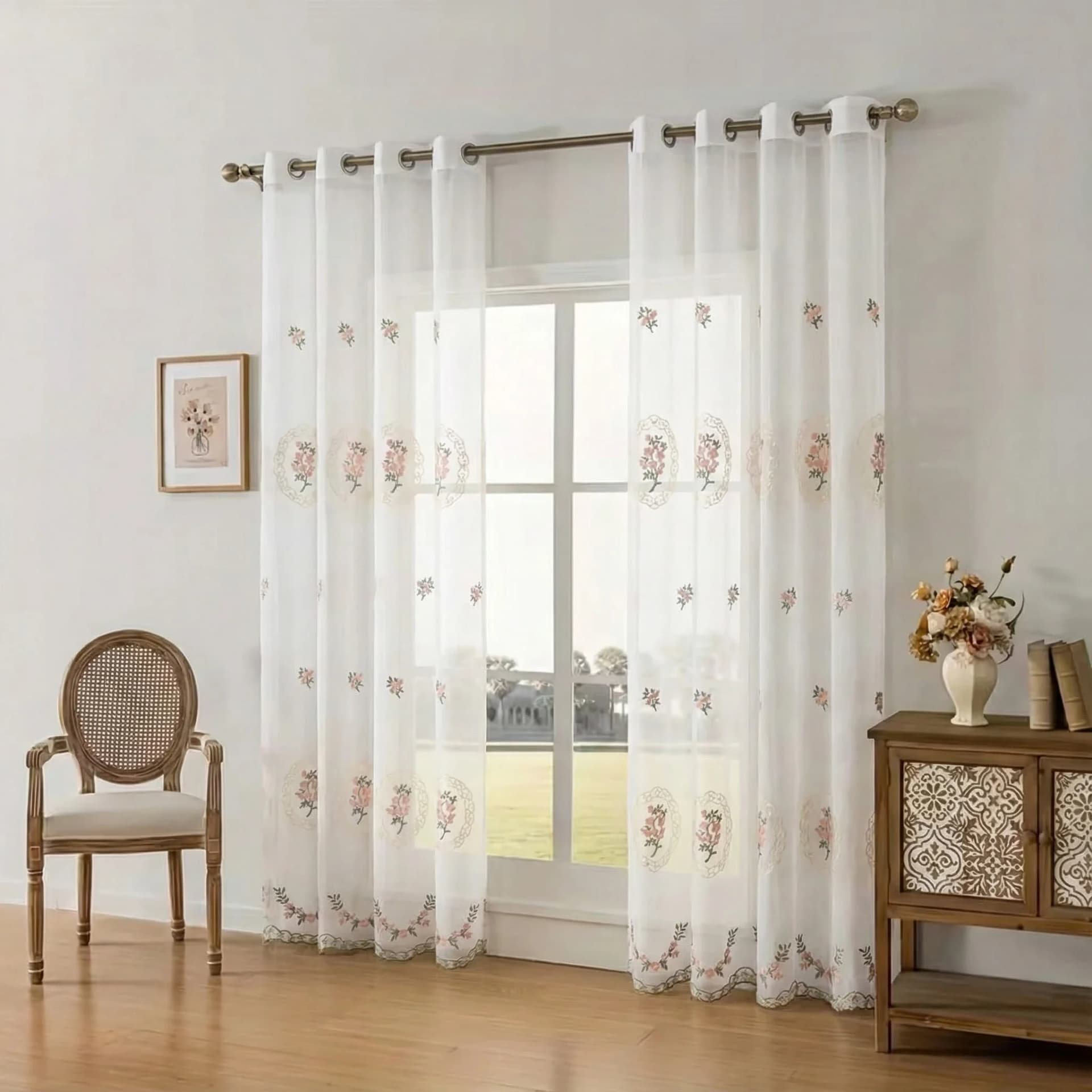 Floral Embroidery Sheer Curtain Panel