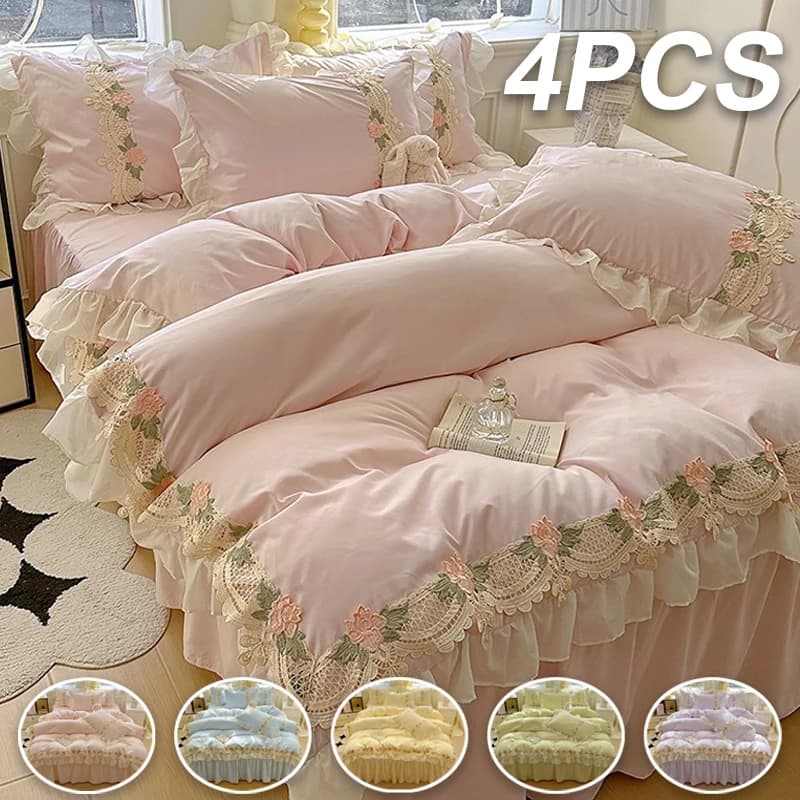 4PCS Embroidery Lace Bedding Set (Duvet Cover + Bed Sheet + Pillowcase) Quilt Cover Set Comfortable Ruffle Bedding Set Bedspread