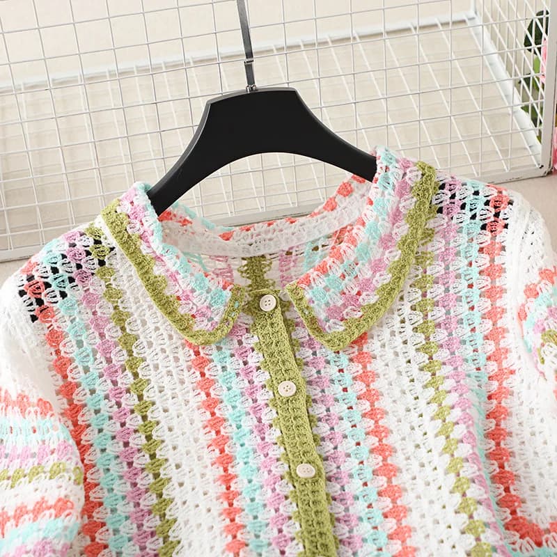 Short Sleeve Striped Crochet Collared Shirt