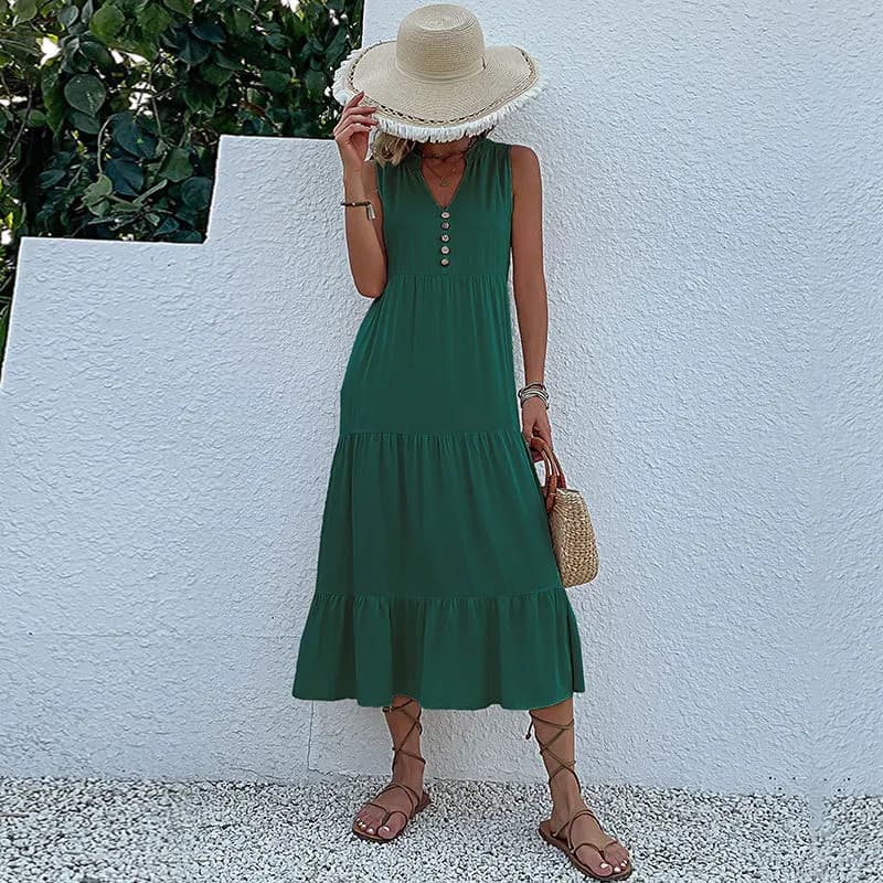 Casual Summer Midi Dress Sleeveless V-Neck