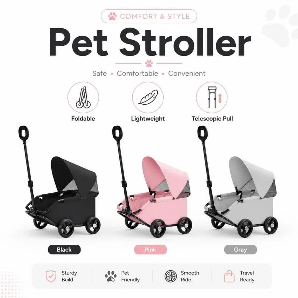 Dog Stroller Foldable Pet Stroller 4-Wheel with Sunshade Cat Cart Portable Lightweight Pet Pushchair Dog Cat Carry Supplies