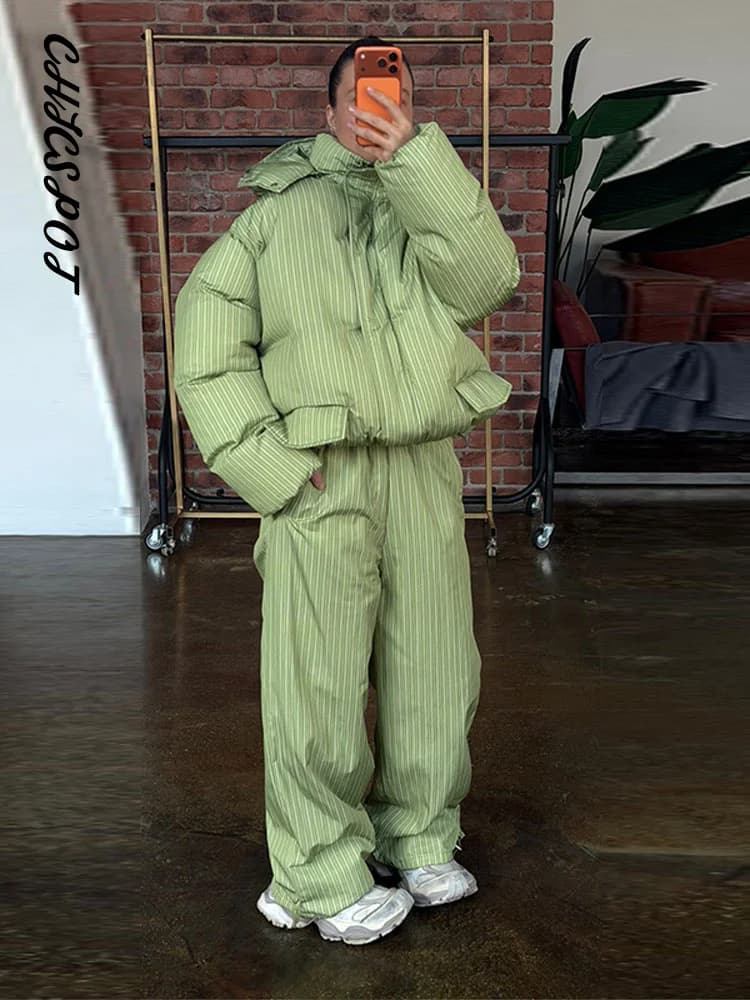 Women's Striped Hooded Padded Jacket and Lantern Pants Set