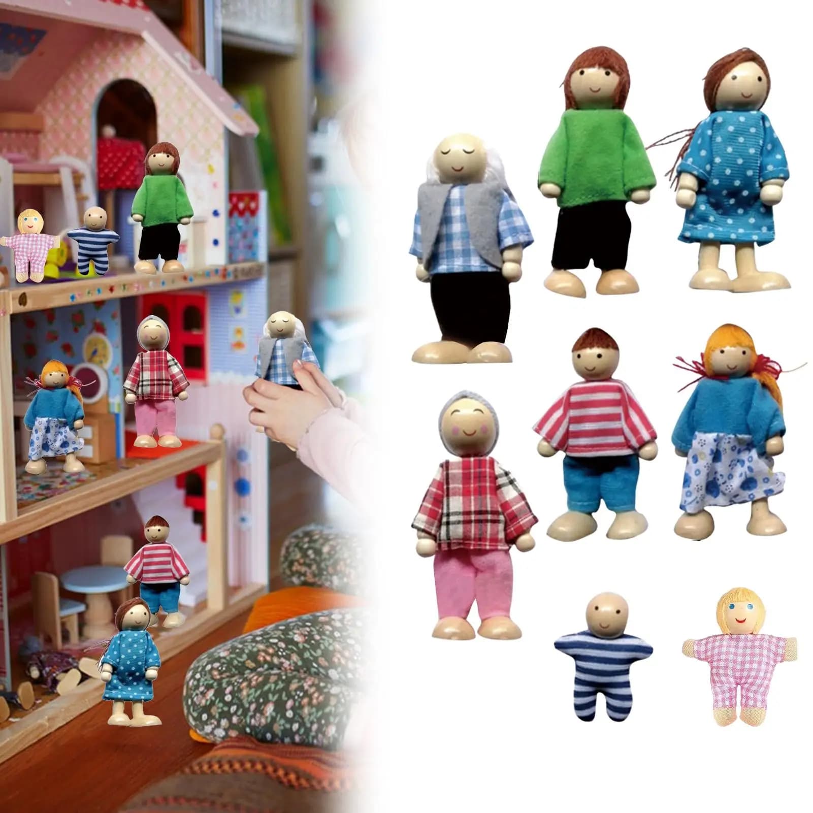 Bendable Wood Doll House People Figures Set of 8