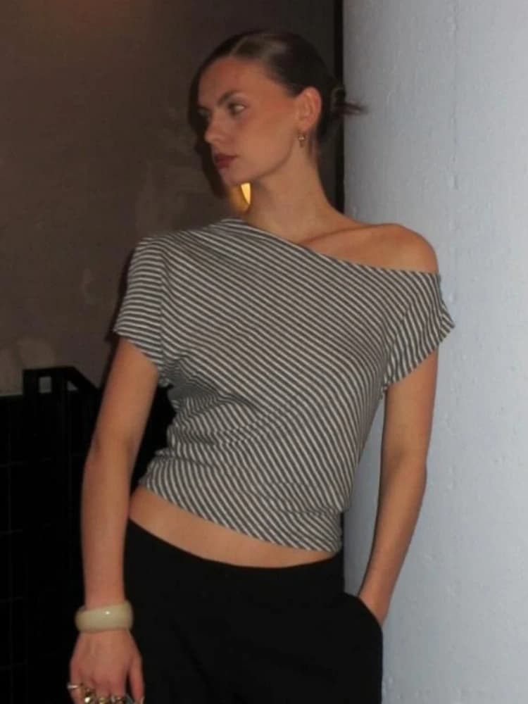 Striped Crop Top With Inclined Collar
