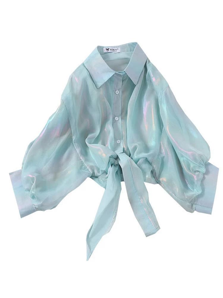 Women's Half-Sleeve Sparkle Blouse with Tied Waist