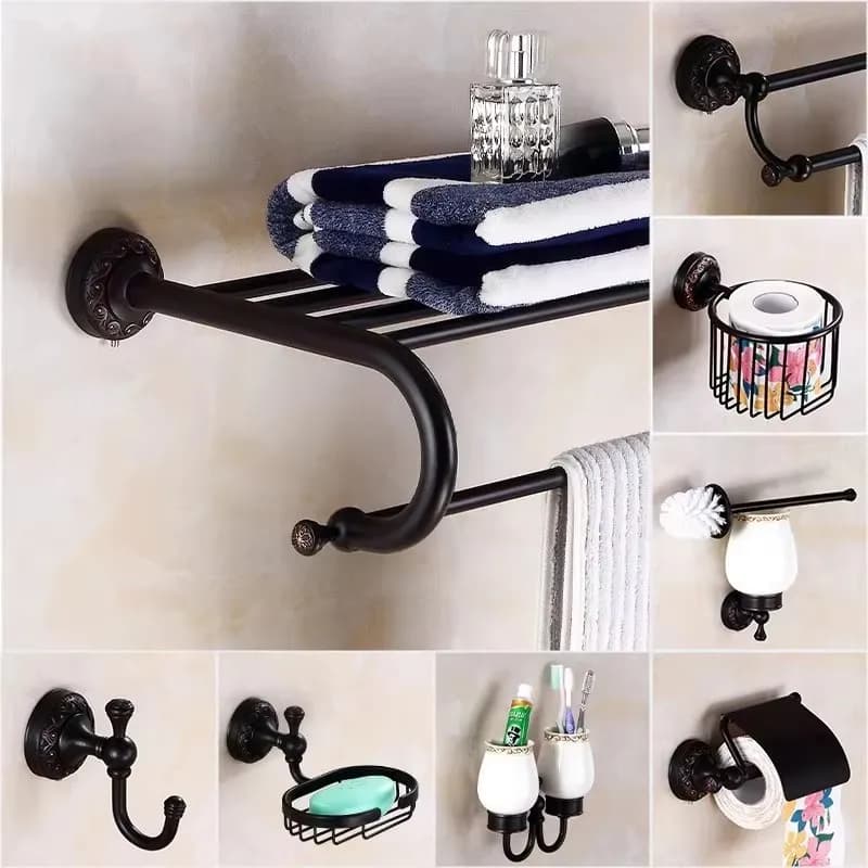 Bathroom Accessories Black Ancient Carved Toilet Brush Holder Solid Brass Bath Hardware Sets Soap Dish Retro Basket Paper Holder