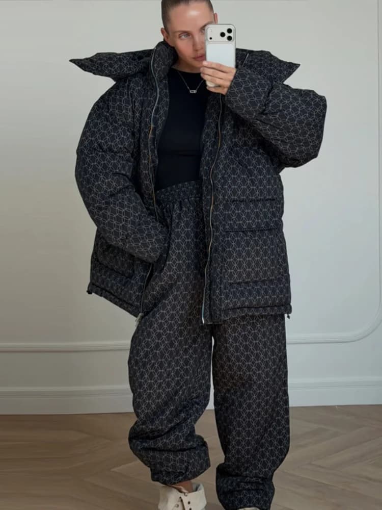 Women's Striped Hooded Padded Jacket and Lantern Pants Set