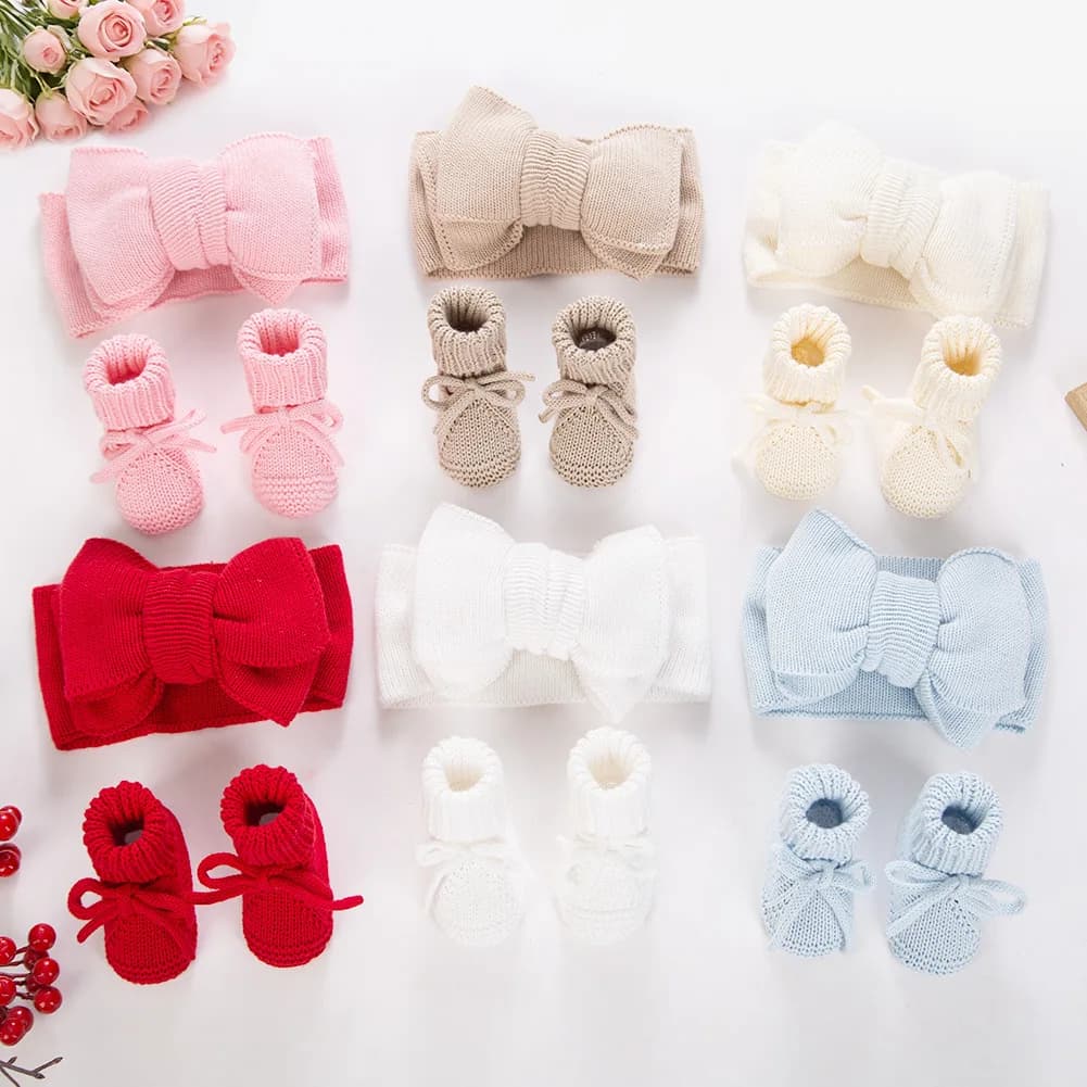 Baby Knitted Headband and Anti-Slip Crawling Socks Set