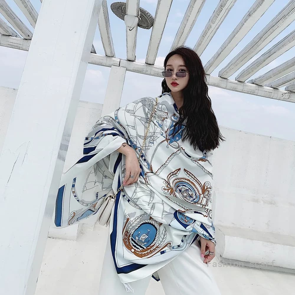 Sunscreen Beach Scarf Seaside Silk Scarf Versatile Summer Thin Oversized Shawl Dual-purpose Scarf Girls Travel Decorative Scarf